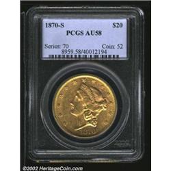1870-S $20 AU58 PCGS. Bright yellow surfaces with a number of circulation marks, but wear only on th