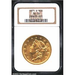 1871-S $20 AU50 NGC. The obverse has a pair of golden-brown stains that are only visible from a cert