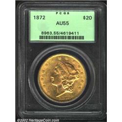 1872 $20 AU55 PCGS. A sharp and undeniably lustrous Double Eagle, but several lesser obverse bagmark