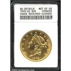 1872-CC $20--Cheek Repaired, Cleaned--ANACS. AU Details, Net XF40. Both sides have abundant luster..