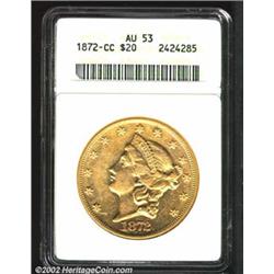 1872-CC $20 AU53 ANACS. Winter 1-A. Lightly abraded, as one should expect from a briefly circulated.