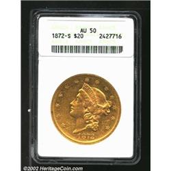 1872-S $20 AU50 ANACS. Bright yellow surfaces with some wear on the highest points and a number of c