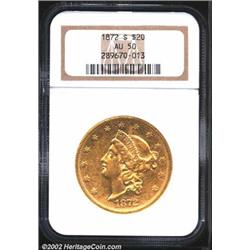 1872-S $20 AU50 NGC. An attractive Double Eagle due to its pervasive bright luster. Moderately abrad