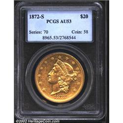 1872-S $20 AU53 PCGS. A bright example with considerable mint luster and a reasonable strike. The mi