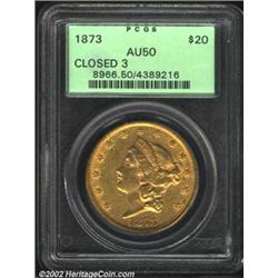 1873 $20 Closed 3 AU50 PCGS. Richly detailed with ample bright luster, but moderately abraded and wi