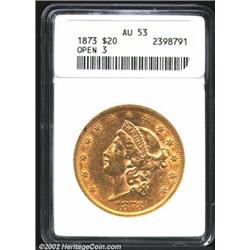 1873 $20 Open 3 AU53 ANACS. Yellow-gold in appearance, the surfaces are boldly detailed with a parti