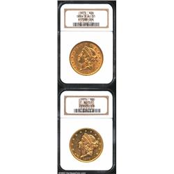 1873 $20 Open 3 AU55 NGC, a bold Double Eagle with nearly complete luster but a somewhat scuffy obve