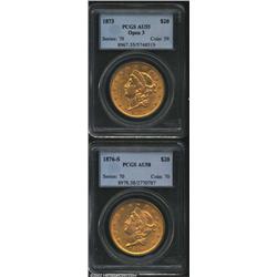 1873 $20 Open 3 AU55 PCGS, boldly detailed but with a moderately abraded obverse; and an 1876-S AU58