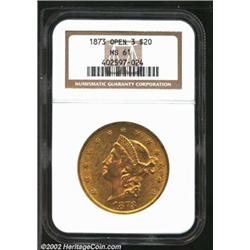 1873 $20 Open 3 MS61 NGC. Subdued but still lustrous fields. This coin is lightly abraded, but there