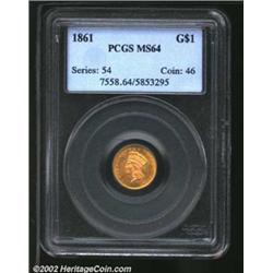 1861 G$1 MS64 PCGS. A razor-sharp Gold Dollar with bright honey-gold patina. The obverse is seemingl