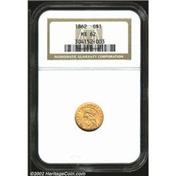 1862 G$1 MS62 NGC. A well struck specimen with solid date detail, but the fields are curiously matte