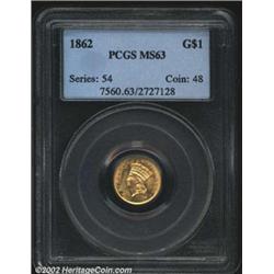1862 G$1 MS63 PCGS. Lustrous and well struck except for the C in AMERICA. A bright and attractive ex