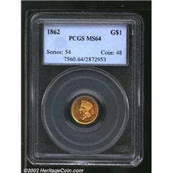 1862 G$1 MS64 PCGS. A lustrous and razor-sharp near-Gem that has unabraded surfaces. A popular Civil
