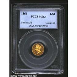 1864 G$1 MS63 PCGS. Well struck and mildly prooflike with a few wispy abrasions. OF AMERICA is strik