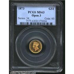 1873 G$1 Open 3 MS63 PCGS. Very flashy and brilliant with prooflike surfaces and frosty devices. A v