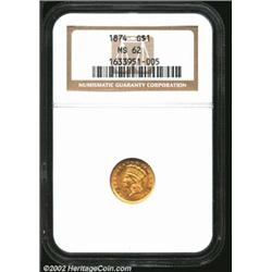 1874 G$1 MS62 NGC. Orange toning highlights the devices on this popular issue. The LIBERTY on the he