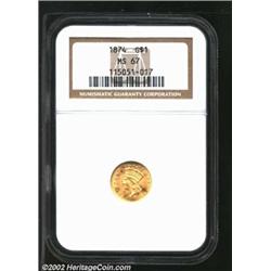 1874 G$1 MS67 NGC. A beautifully preserved Superb Gem that is bathed in rich tan-gold luster. Well s
