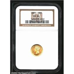 1881 G$1 MS64 NGC. A well struck and radiant near-Gem with carefully preserved surfaces. The fields.