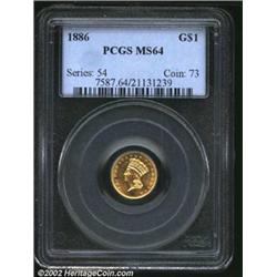 1886 G$1 MS64 PCGS. The semi-prooflike surfaces are original yellow-gold in color, but their reflect