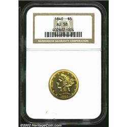 1840 $5 Narrow Mill AU58 NGC. An excellent companion piece to the AU55 Broad Mill offered above, thi