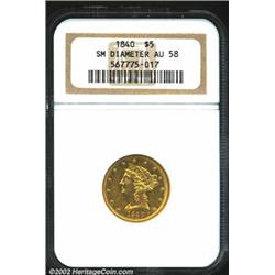 1840 $5 Narrow Mill AU58 NGC. While the more frequently encountered of the two varieties of the year