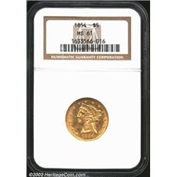 1854 $5 MS61 NGC. Liberty's ear and nearby hair curl are die doubled with a wide spread. Only the ob