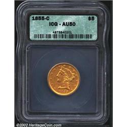 1855-C $5 AU50 ICG. This is one of the more attractive AU 1855-C Half Eagles that this cataloger has