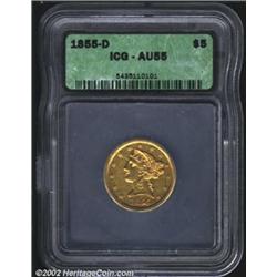1855-D $5 AU55 ICG. Of the 22,432 pieces produced in 1855, it is estimated that today only 95-105 co