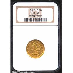1856-C $5 XF40 NGC. Typically abraded for the grade with some harder hits on the reverse. Honey-gold