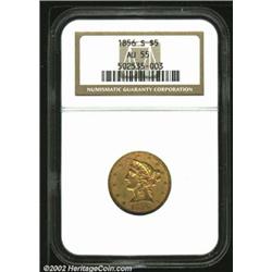 1856-S $5 AU55 NGC. A bold example that has abundant rose-gold luster, and little if any rub on the.