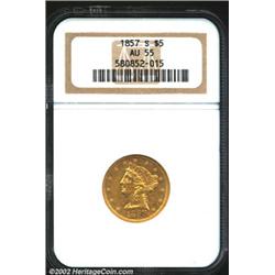 1857-S $5 AU55 NGC. Well struck except for the arrow feathers. Relatively unabraded with much luster