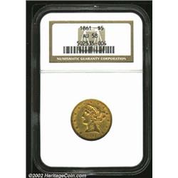 1861 $5 AU58 NGC. A well struck representative that has abundant pale luster across the borders and.