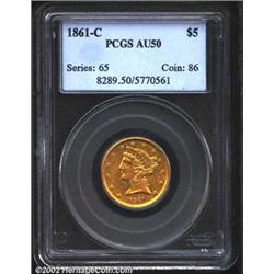 1861-C $5 AU50 PCGS. The 1861-C is one of the most respected, historic, and romantic coins struck in