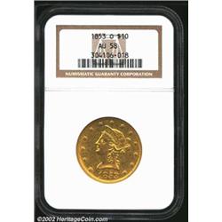 1853-O $10 AU58 NGC. Usually found heavily worn, AU examples of the 1853-O are considered quite elus