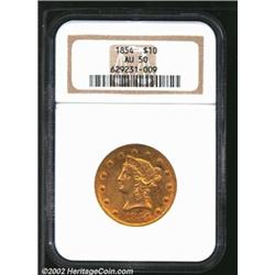 1854 $10 AU50 NGC. Iridescent orange-gold and lilac patina. The stars are mostly flat, but the major