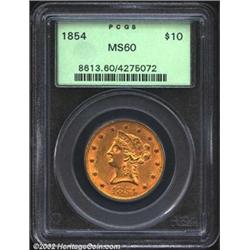 1854 $10 MS60 PCGS. An originally toned representative that has intermingled orange and yellow-green