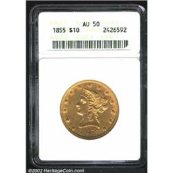 1855 $10 AU50 ANACS. A sharply detailed example that has abundant bright luster. The fields have typ