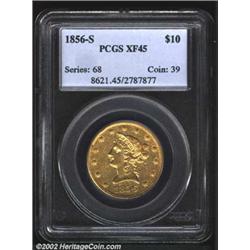 1856-S $10 XF45 PCGS. Bright luster clings to the legends and stars. The surfaces are typically but.