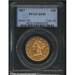 1857 $10 XF45 PCGS. The high relief stars are somewhat flat, but the eagle and portrait have bold de