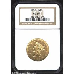 1857 $10 MS60 NGC. Well struck except for the first two stars. The obverse has a few wispy slide mar
