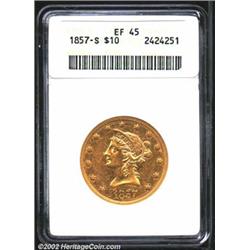1857-S $10 XF45 ANACS. Nicely detailed and with much bright luster, but the surfaces have many indiv