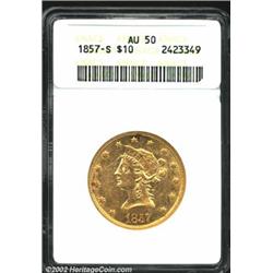 1857-S $10 AU50 ANACS. A decidedly rare issue, as only 26,000 pieces were struck and the entire mint