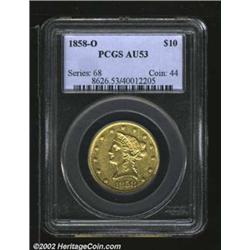 1858-O $10 AU53 PCGS. An uncommonly high grade representative of this, the most common No Motto Eagl