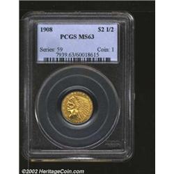 1908 $2 1/2 MS63 PCGS. An attractive example with above average eye-appeal. A single contact mark to