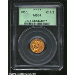 1910 $2 1/2 MS64 PCGS. A lovely near-Gem with a bold strike and bright lemon-gold patina. Nicely pre