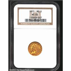 1911 $2 1/2 MS63 NGC. Yellow orange toning flashes from the underlying luster on this attractive exa