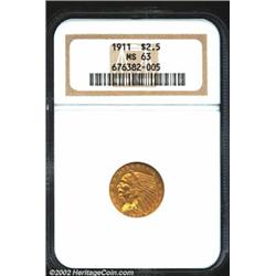 1911 $2 1/2 MS63 NGC. Well struck for the type, with attractive orange-gold patina. A short pinscrat