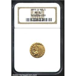 1911-D $2 1/2 MS62 NGC. A bright and lustrous example of this popular key to the Indian Quarter Eagl