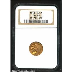 1913 $2 1/2 MS63 NGC. A lustrous piece with orange gold-color on the obverse and reverse. Several li