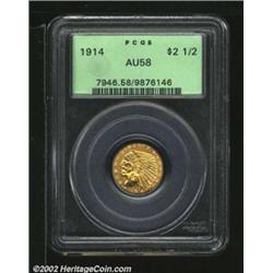 1914 $2 1/2 AU58 PCGS. Sharply detailed, and with honey-gold patina on the devices. The fields have.